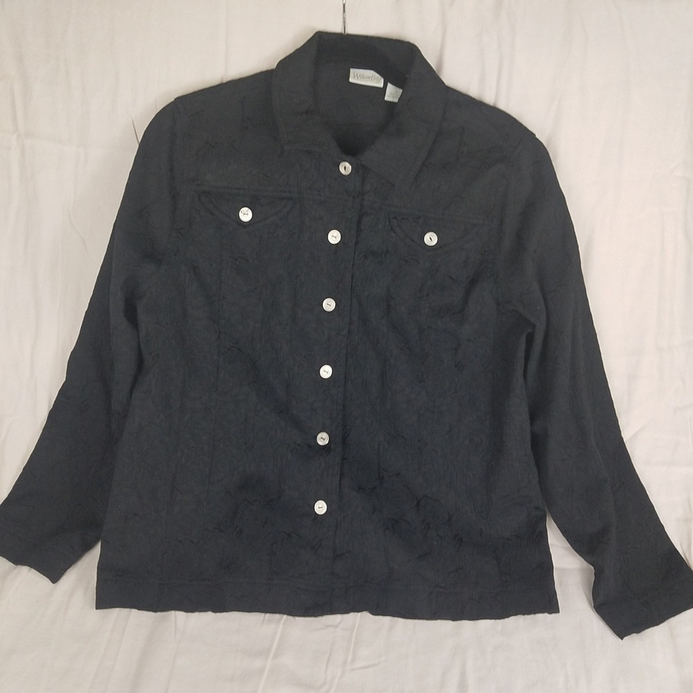 Willow Bay Womens Black Crinkle Floral Jacquard Button Front Jacket Large L
